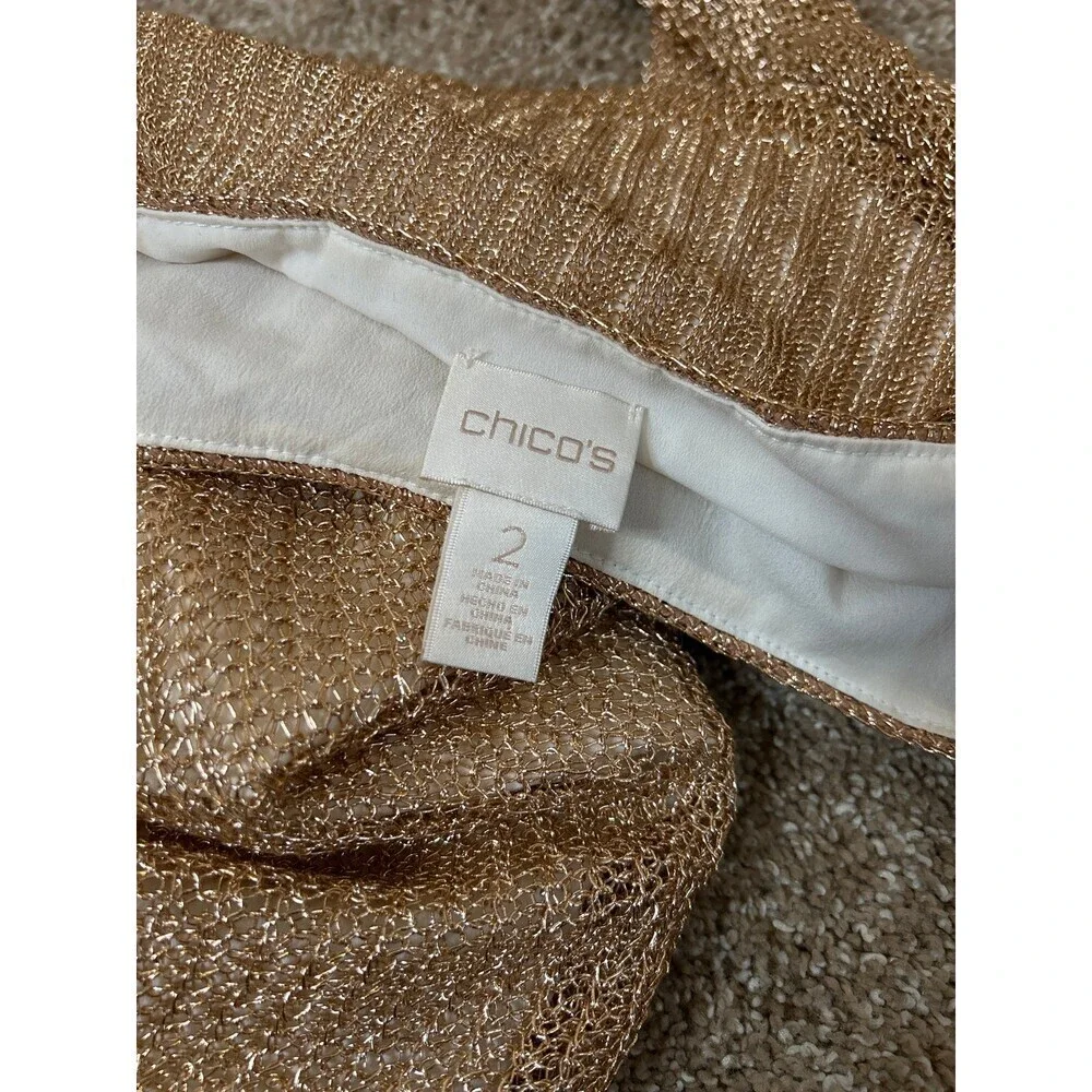 Chicos Sweater Metallic Copper/gold Cotton Blend Crewneck chain link SZ 2 US LG